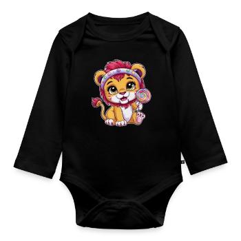 Mignon lion kawaii avec des bonbons - Body Bébé bio manches longues - noir - Devant