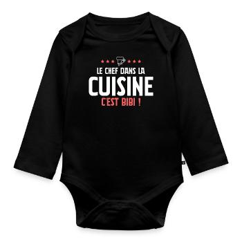Le chef dans la cuisine c'est bibi ! - Tablier - Body Bébé bio manches longues - noir - Devant