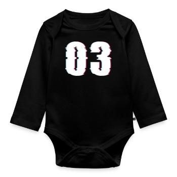 Drei 3 Three 03 Zahl Effekt Verzerrt Nummer - Baby Bio-Langarm-Body - Schwarz - Vorne