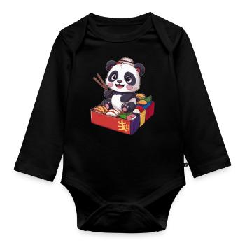Red Kawaii Panda with Lunch Box - Organic Longsleeve Baby Bodysuit - black - Front