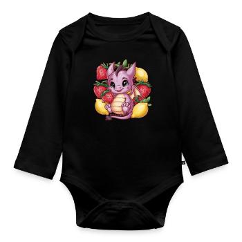 Dessin animé Dragon Kawaii avec des citrons et des fraises - Body Bébé bio manches longues - noir - Devant