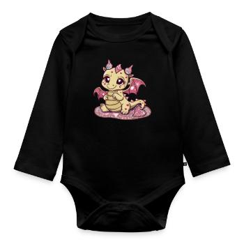 Kawaii Dragon with Colorful Hearts - Organic Longsleeve Baby Bodysuit - black - Front