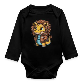 Mignon dragon kawaii de dessin animé en tenue de lion. - Body Bébé bio manches longues - noir - Devant