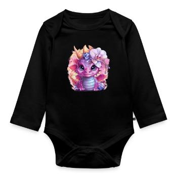 Cartoon Kawaii Drache mit schönen Orchideen - Baby Bio-Langarm-Body - Schwarz - Vorne