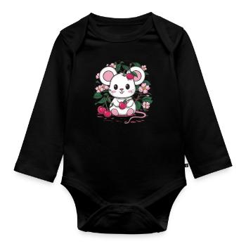 Mouse with cherries and sakura cherry blossoms - Organic Longsleeve Baby Bodysuit - black - Front