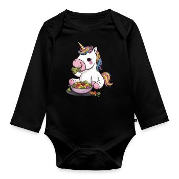 Licorne Kawaii avec Salade Verte - Body Bébé bio manches longues - noir - Devant