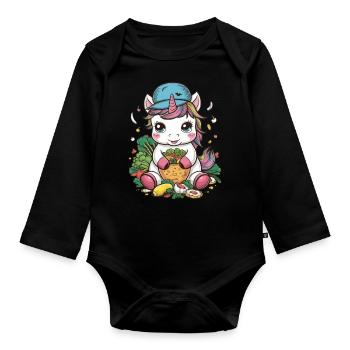 Licorne Kawaii avec Salade Verte - Body Bébé bio manches longues - noir - Devant