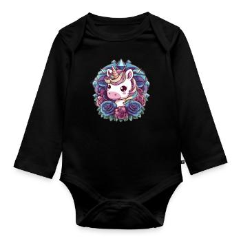 Kawaii Einhorn mit Rosen - Baby Bio-Langarm-Body - Schwarz - Vorne