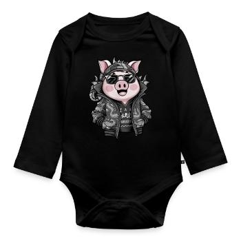 Cochon kawaii avec tenue de dragon cool - Body Bébé bio manches longues - noir - Devant