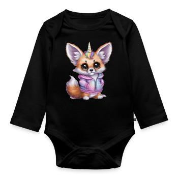Fennek Renard du désert avec tenue de licorne cool - Body Bébé bio manches longues - noir - Devant