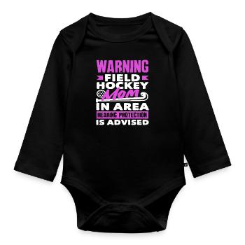 Attention Joueur de hockey sur gazon Maman à proximité - Body Bébé bio manches longues - noir - Devant