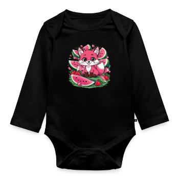 Kawaii Fuchs mit Erdbeeren und Wassermelone - Baby Bio-Langarm-Body - Schwarz - Vorne