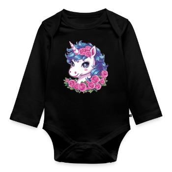 Kawaii Unicorn with Roses - Organic Longsleeve Baby Bodysuit - black - Front