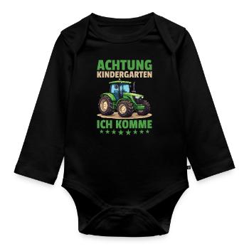 Attention kindergarten I'm coming farmer tractor - Organic Longsleeve Baby Bodysuit - black - Front
