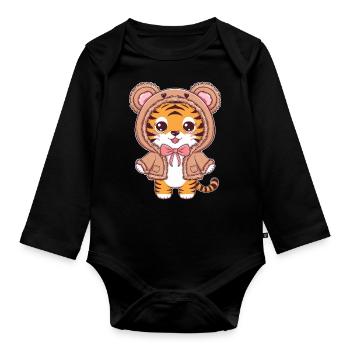 Kawaii Tiger with Cute Teddy Bear Outfit - Organic Longsleeve Baby Bodysuit - black - Front