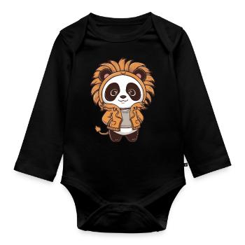 Kawaii Panda in Lion Outfit - Organic Longsleeve Baby Bodysuit - black - Front