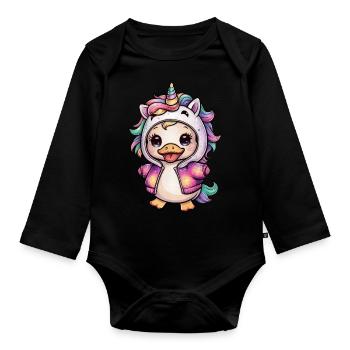 Dessin animé Kawaii Caneton avec tenue de licorne - Body Bébé bio manches longues - noir - Devant