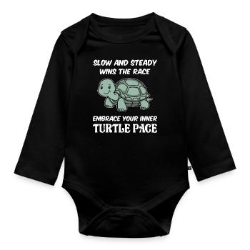 Slow and steady wins the race embrace turtle pace - Organic Longsleeve Baby Bodysuit - black - Front
