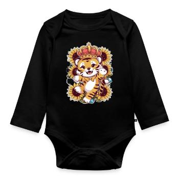 Tiger mit Krone und prachtvollen Sonnenblumen - Baby Bio-Langarm-Body - Schwarz - Vorne