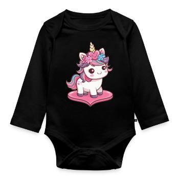 Kawaii Einhorn mit Herzkrone - Baby Bio-Langarm-Body - Schwarz - Vorne