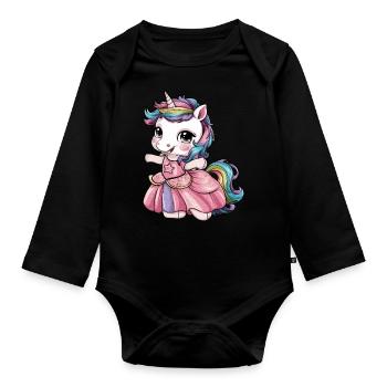 Kawaii Einhorn mit Märchenkleid - Baby Bio-Langarm-Body - Schwarz - Vorne