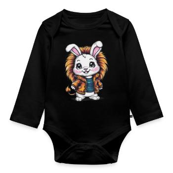 Bunny with pretty lion outfit - Organic Longsleeve Baby Bodysuit - black - Front