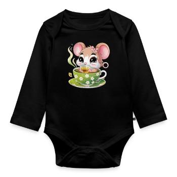 dessin animé souris kawaii buvant du thé vert - Body Bébé bio manches longues - noir - Devant