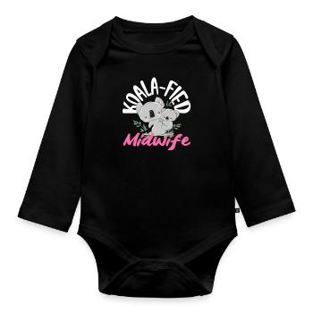 Koala-fied Hebamme Niedliches Design - Baby Bio-Langarm-Body - Schwarz - Vorne