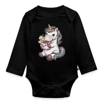 Licorne Kawaii cool avec tirelire - Body Bébé bio manches longues - noir - Devant