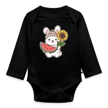 Kawaii Hase mit Sonnenblume und Wassermelone - Baby Bio-Langarm-Body - Schwarz - Vorne