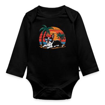 Cool Bostie Boston Terrier Under Palm Trees - Organic Longsleeve Baby Bodysuit - black - Front