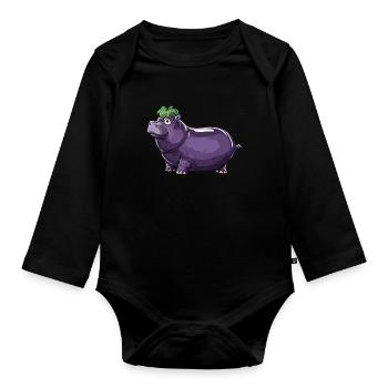 Hippopotame aubergine drôle de motif animal et végétal - Body Bébé bio manches longues - noir - Devant