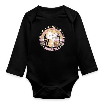 Cute Bubble Tea Rainbow Cat - Organic Longsleeve Baby Bodysuit - black - Front