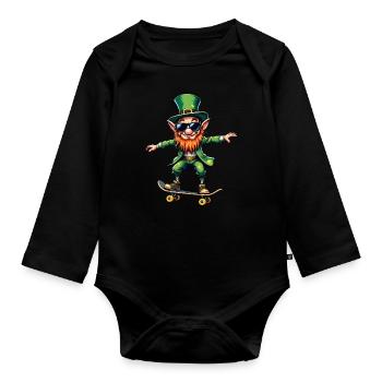 Skateboard Leprechaun Sport St. Patrick's Day - Organic Longsleeve Baby Bodysuit - black - Front