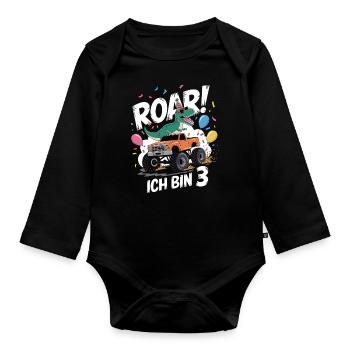 3rd Birthday 3 Years Dino Monster Truck Fan - Organic Longsleeve Baby Bodysuit - black - Front