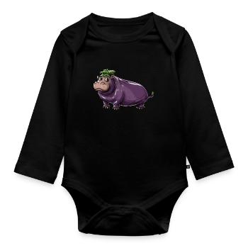 Hippopotame aubergine drôle de motif animal et végétal - Body Bébé bio manches longues - noir - Devant