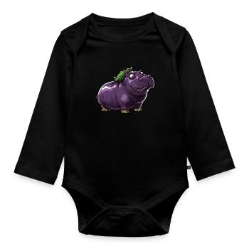 Hippopotame aubergine drôle de motif animal et végétal - Body Bébé bio manches longues - noir - Devant