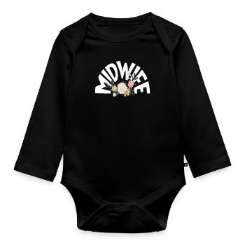 Hebamme Blumenmotiv Eleganz - Baby Bio-Langarm-Body - Schwarz - Vorne