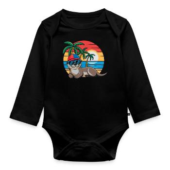 Loutre avec lunettes de soleil et casquette de baseball sur la plage - Body Bébé bio manches longues - noir - Devant