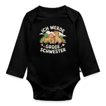 Ich werde eine große Schwester Pferd Pferde - Baby Bio-Langarm-Body - Schwarz - Vorne