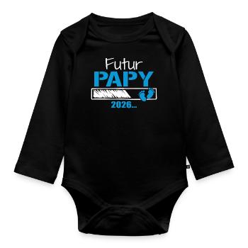 Futur Papy 2026 Cadeau Bientôt Grand-Père - Body Bébé bio manches longues - noir - Devant