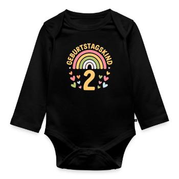 2. Geburtstag Geburtstagskind Regenbogen - Baby Bio-Langarm-Body - Schwarz - Vorne