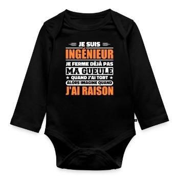 Ingénieur Humour Cadeau Etudiant Ingenieur - Body Bébé bio manches longues - noir - Devant