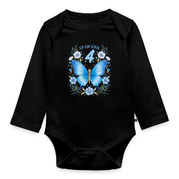 4th Birthday Butterfly Children's Birthday Party - Organic Longsleeve Baby Bodysuit - black - Front
