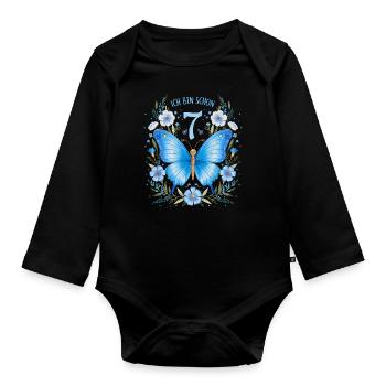 7th Birthday Butterfly Children's Birthday Party - Organic Longsleeve Baby Bodysuit - black - Front