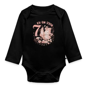 7th Birthday Butterfly Children's Birthday Party - Organic Longsleeve Baby Bodysuit - black - Front