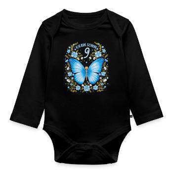 9th Birthday Butterfly Children's Birthday Party - Organic Longsleeve Baby Bodysuit - black - Front