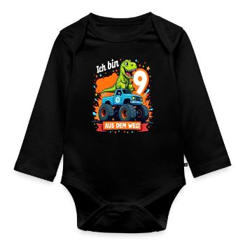 Dinosaur 9th Birthday Monster Truck - Organic Longsleeve Baby Bodysuit - black - Front