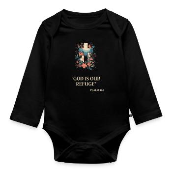 Kreuz mit Psalm 46:1: Gott ist unsere Zuflucht - Baby Bio-Langarm-Body - Schwarz - Vorne