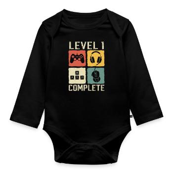 Baby 1.Geburtstag - 1 jahre level 1 complete - Baby Bio-Langarm-Body - Schwarz - Vorne